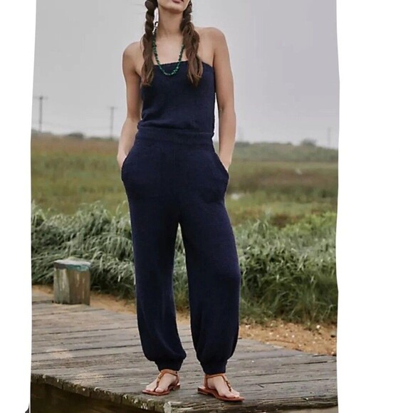 Free People Beach Claire One Piece Medium Navy Blue Marin Strapless Jumpsuit NWT - Picture 1 of 13